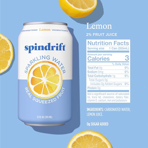 Spindrift Lemon Sparkling Water - Real Squeezed Fruit, 12 Fl Oz Cans, Pack of 24, Only 3 Calories per Can
Spindrift Lem