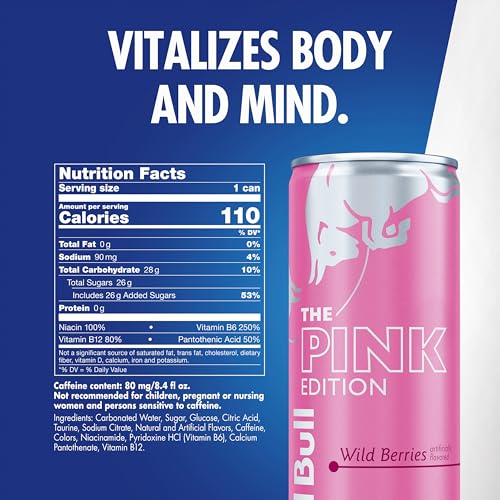 Red Bull Pink Edition Energy Drink Wild Berries 8.4 fl. oz. 6 x 4 Cans Pack of 24 Cans with 80mg Caffeine Taurine & B V