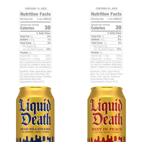 Liquid Death Dead Billionaire & Rest in Peach Iced Black Tea (16 x 19.2 oz King Size Cans) - Refreshing Blend for Summer