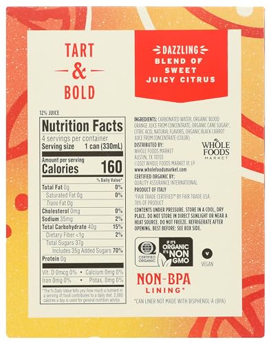 Whole Foods Market Organic Italian Soda Blood Orange 4 Pack 11.2 Fl Oz USDA Organic Fresh Taste Beverages