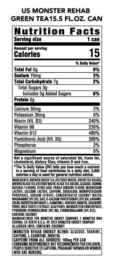Monster Energy Rehab Green Tea + Energy Flavored, Cold Brew Iced Tea, High Energy Drink for Adults, 15.5 Fl Oz (Pack of